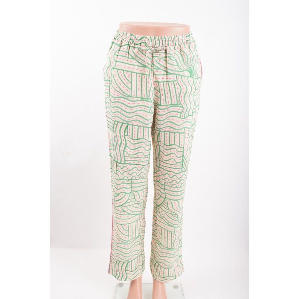 Zara Womens Pajama Pants Linen Blend XS Ecru Pink Green Printed 7972/617 NWT